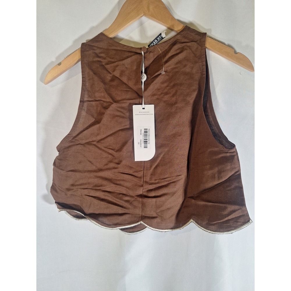 Mon Renn Fresco Embroidered Top Brown Linen Blend Scalloped Crop Tank Size 8 NEW - Picture 3 of 4